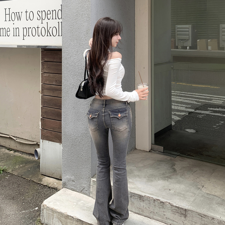 닉트 옐로우 워싱 스판 백포켓 로우라이즈 부츠컷 데님 팬츠 데님