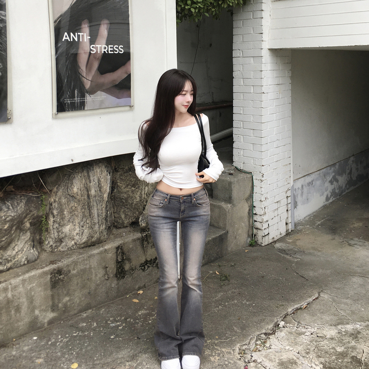 닉트 옐로우 워싱 스판 백포켓 로우라이즈 부츠컷 데님 팬츠 데님