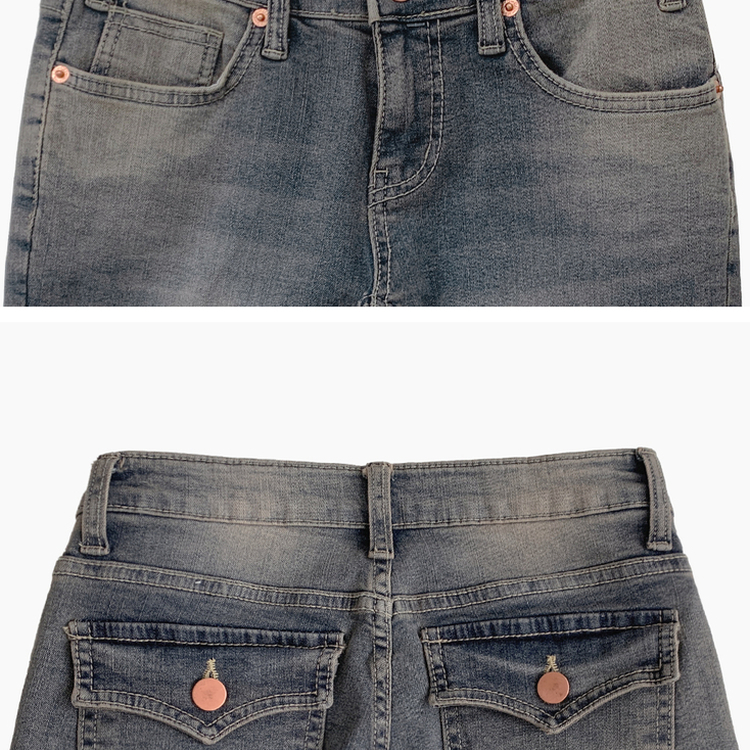 닉트 옐로우 워싱 스판 백포켓 로우라이즈 부츠컷 데님 팬츠