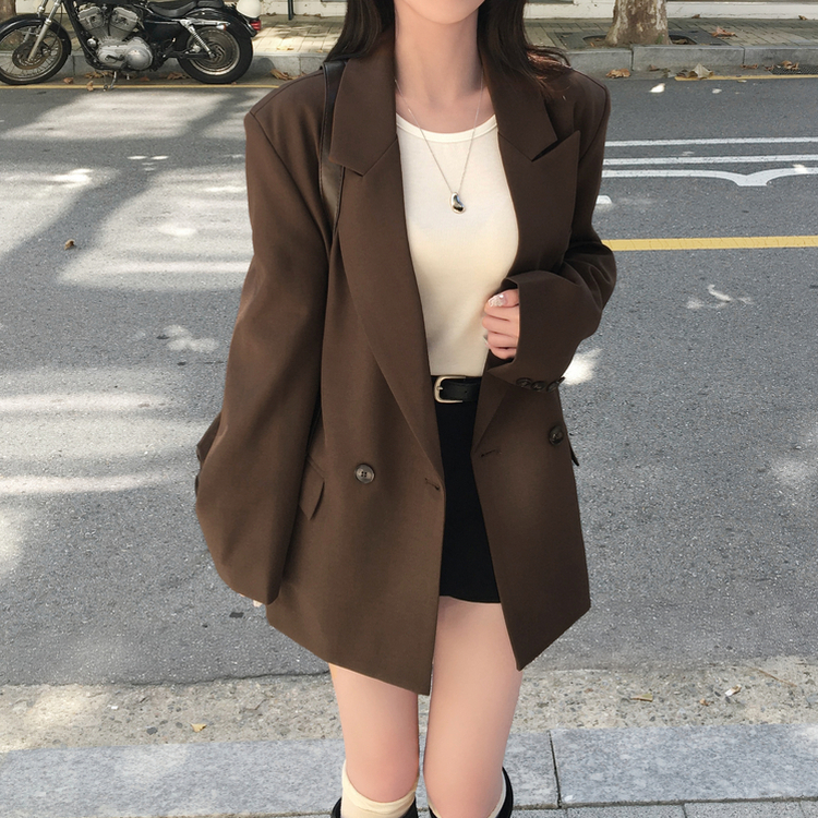 퍼팅 카라 오버핏 뒷트임 어깨패트 블레이저 자켓 브라운