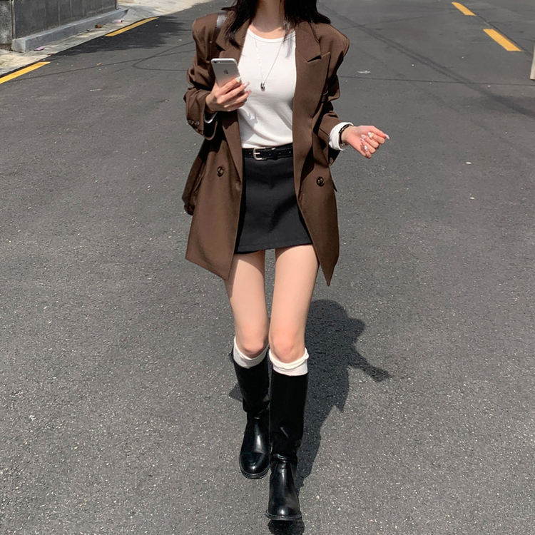 퍼팅 카라 오버핏 뒷트임 어깨패트 블레이저 자켓 브라운