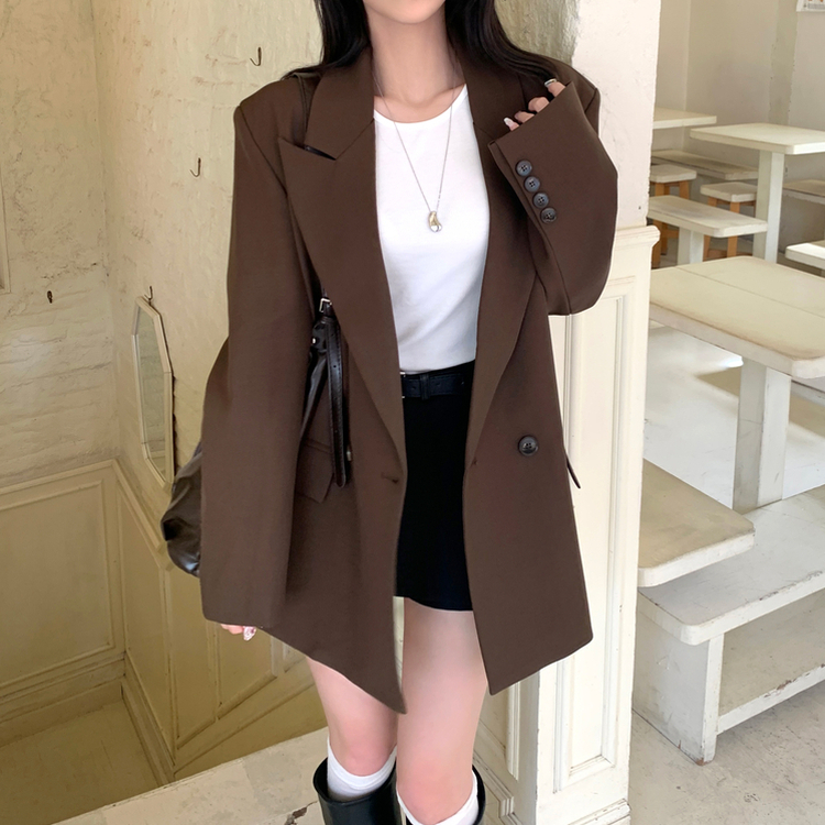 퍼팅 카라 오버핏 뒷트임 어깨패트 블레이저 자켓 브라운