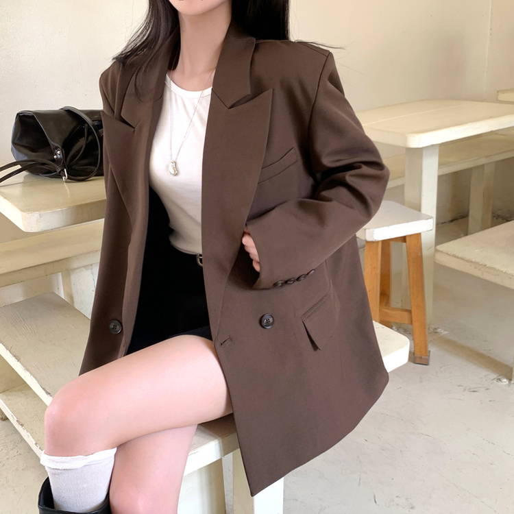 퍼팅 카라 오버핏 뒷트임 어깨패트 블레이저 자켓 브라운
