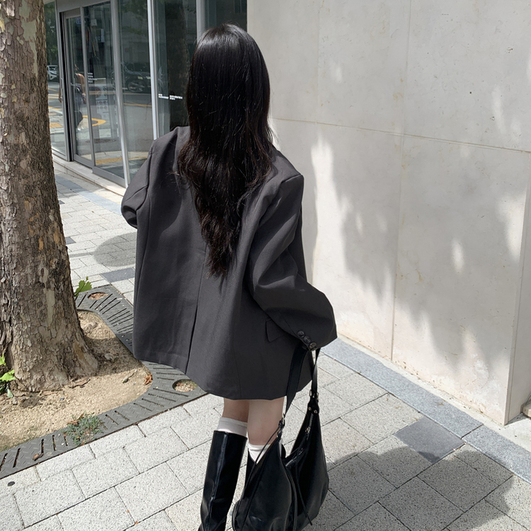 퍼팅 카라 오버핏 뒷트임 어깨패트 블레이저 자켓 그레이