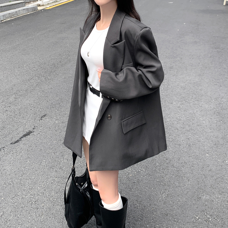 퍼팅 카라 오버핏 뒷트임 어깨패트 블레이저 자켓 그레이