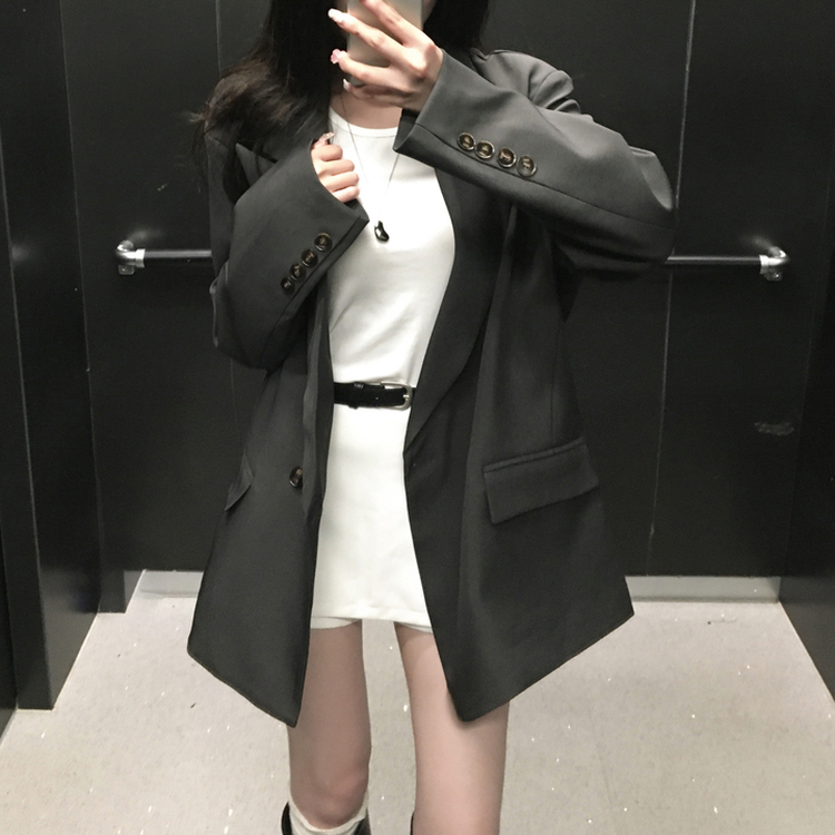 퍼팅 카라 오버핏 뒷트임 어깨패트 블레이저 자켓 그레이