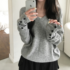 레히 울 브이넥 소매버튼 단추 루즈핏 오버핏 레이어드 니트 그레이