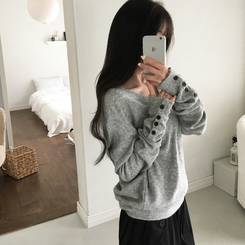 레히 울 브이넥 소매버튼 단추 루즈핏 오버핏 레이어드 니트 그레이