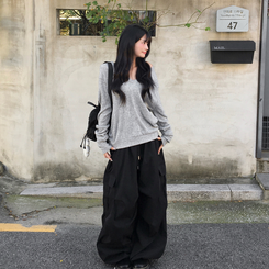 레히 울 브이넥 소매버튼 단추 루즈핏 오버핏 레이어드 니트 그레이