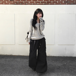 레히 울 브이넥 소매버튼 단추 루즈핏 오버핏 레이어드 니트 그레이