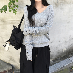 레히 울 브이넥 소매버튼 단추 루즈핏 오버핏 레이어드 니트 그레이