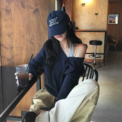 레히 울 브이넥 소매버튼 단추 루즈핏 오버핏 레이어드 니트 네이비