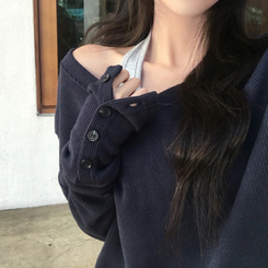 레히 울 브이넥 소매버튼 단추 루즈핏 오버핏 레이어드 니트 네이비