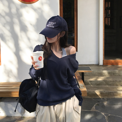 레히 울 브이넥 소매버튼 단추 루즈핏 오버핏 레이어드 니트 네이비