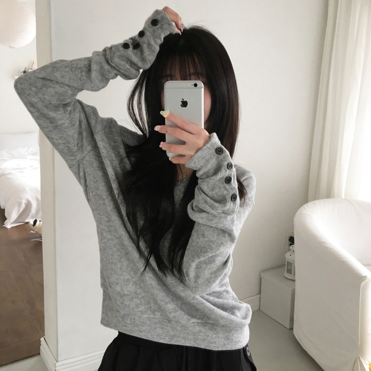 레히 울 브이넥 소매버튼 단추 루즈핏 오버핏 레이어드 니트 그레이