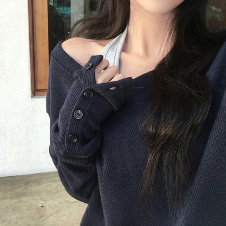 레히 울 브이넥 소매버튼 단추 루즈핏 오버핏 레이어드 니트 네이비