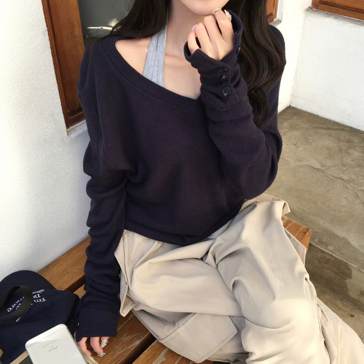 레히 울 브이넥 소매버튼 단추 루즈핏 오버핏 레이어드 니트 네이비