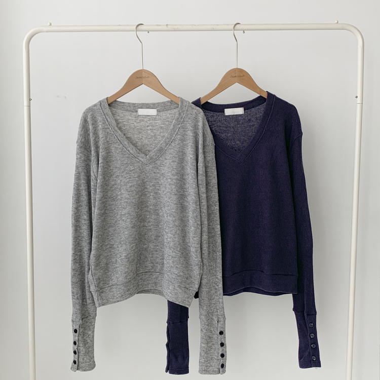 레히 울 브이넥 소매버튼 단추 루즈핏 오버핏 레이어드 니트