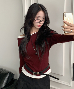 히카 오프숄더 레이어드 찡포인트 스터드 긴팔 티셔츠 버건디