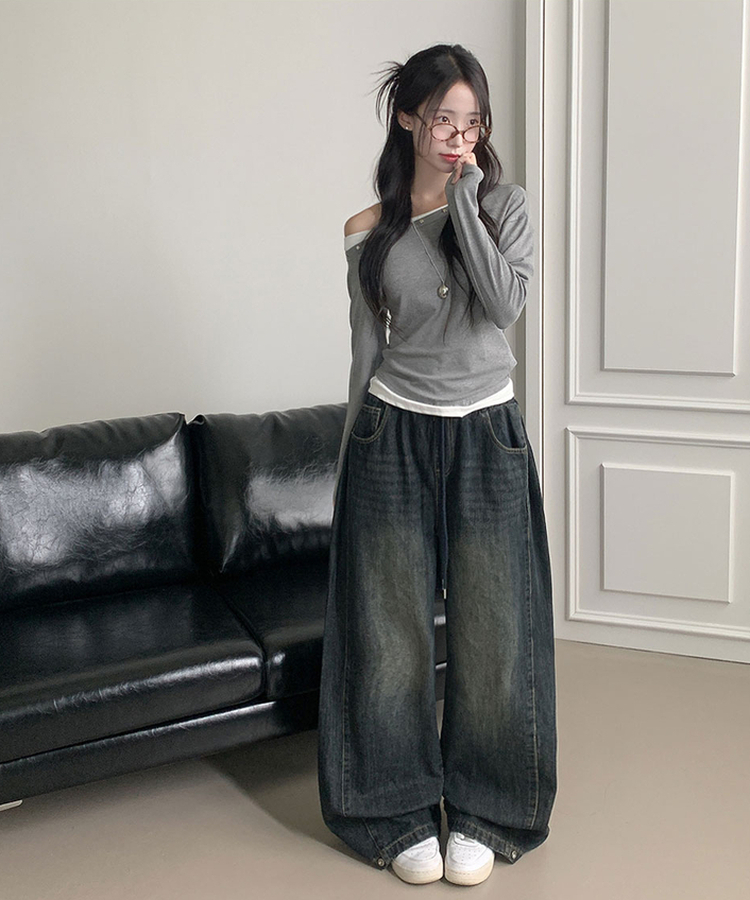 히카 오프숄더 레이어드 찡포인트 스터드 긴팔 티셔츠 그레이