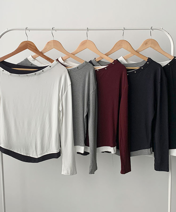 オフショルダースタッド長袖Tシャツ(5color)｜長袖Tシャツ｜韓国