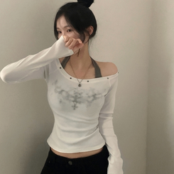 스텔라 실버 스터드 레이어드 홀터 골지긴팔 배색티셔츠 화이트