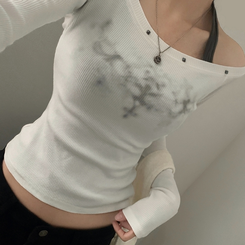 스텔라 실버 스터드 레이어드 홀터 골지긴팔 배색티셔츠 화이트