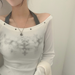 스텔라 실버 스터드 레이어드 홀터 골지긴팔 배색티셔츠 화이트