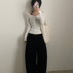 스텔라 실버 스터드 레이어드 홀터 골지긴팔 배색티셔츠 화이트