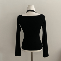 스텔라 실버 스터드 레이어드 홀터 골지긴팔 배색티셔츠