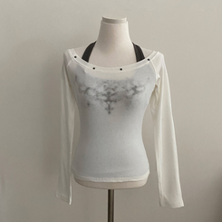 스텔라 실버 스터드 레이어드 홀터 골지긴팔 배색티셔츠