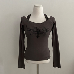 스텔라 실버 스터드 레이어드 홀터 골지긴팔 배색티셔츠