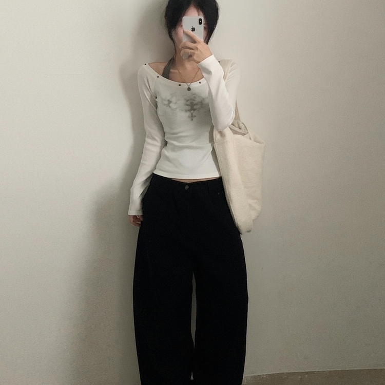 스텔라 실버 스터드 레이어드 홀터 골지긴팔 배색티셔츠 화이트