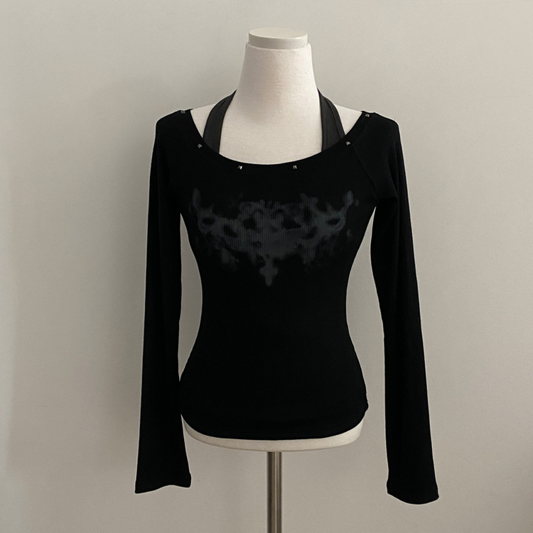 스텔라 실버 스터드 레이어드 홀터 골지긴팔 배색티셔츠