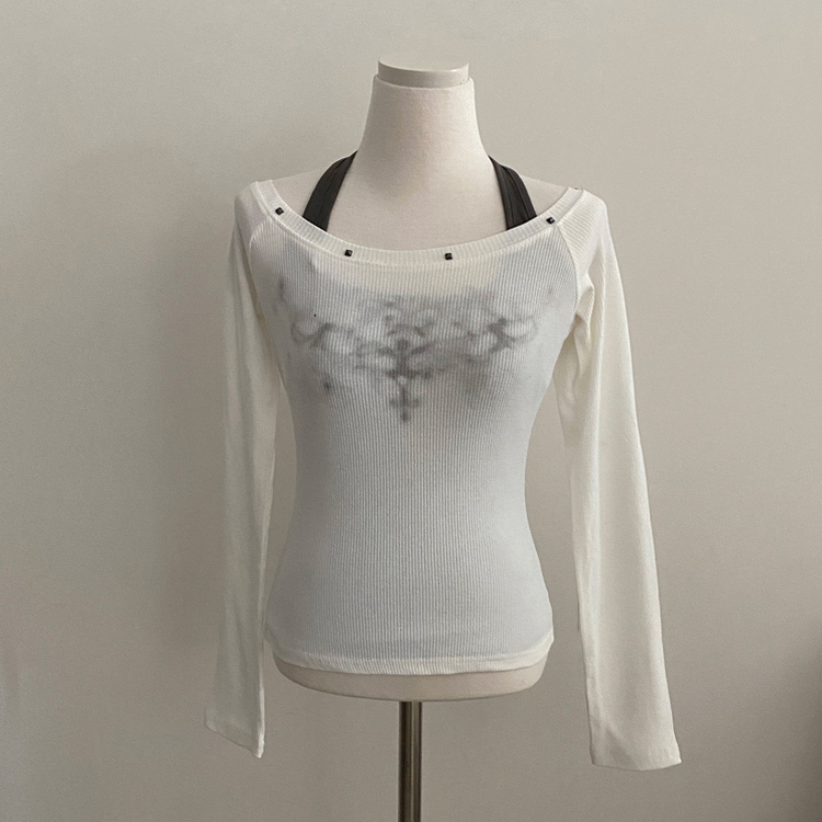 스텔라 실버 스터드 레이어드 홀터 골지긴팔 배색티셔츠