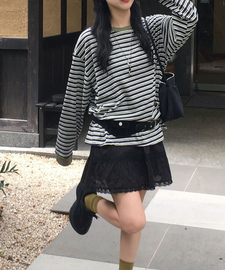 ストライプ長袖Tシャツ OLIVE