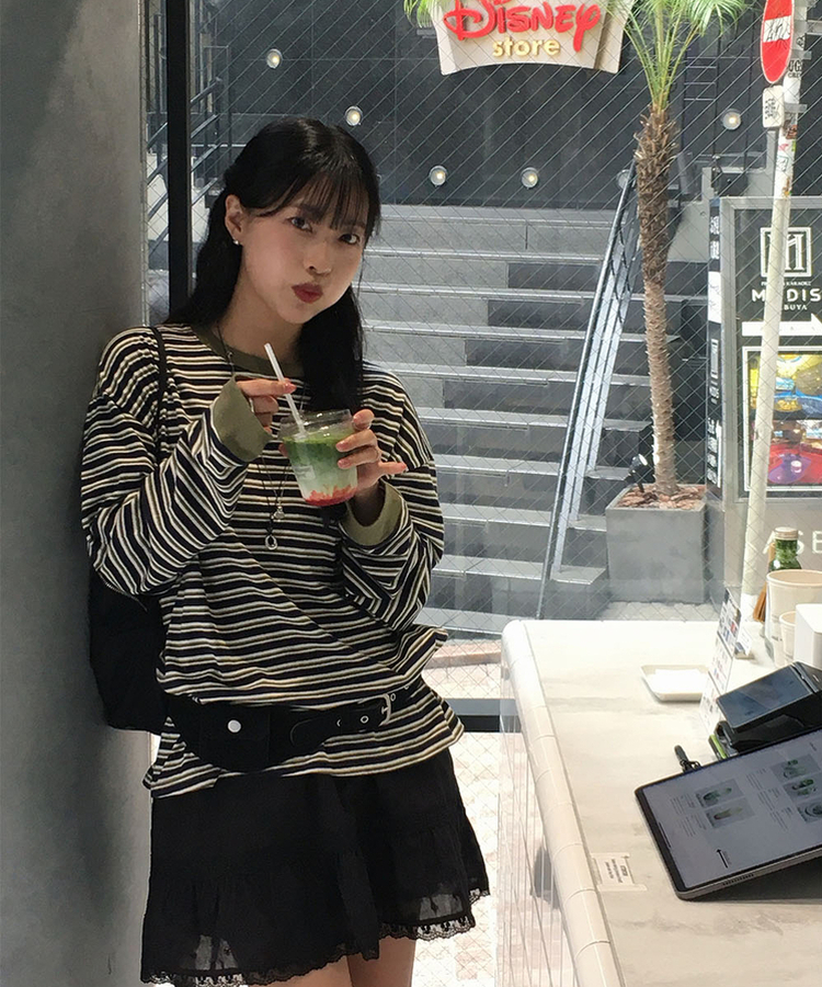 ストライプ長袖Tシャツ OLIVE