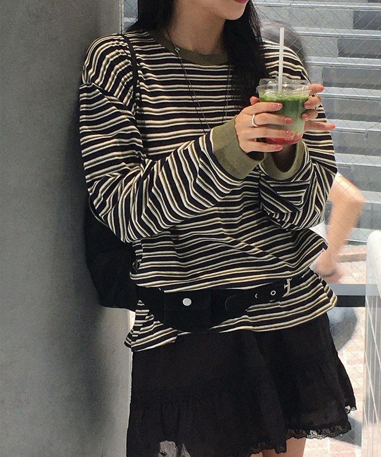 ストライプ長袖Tシャツ OLIVE