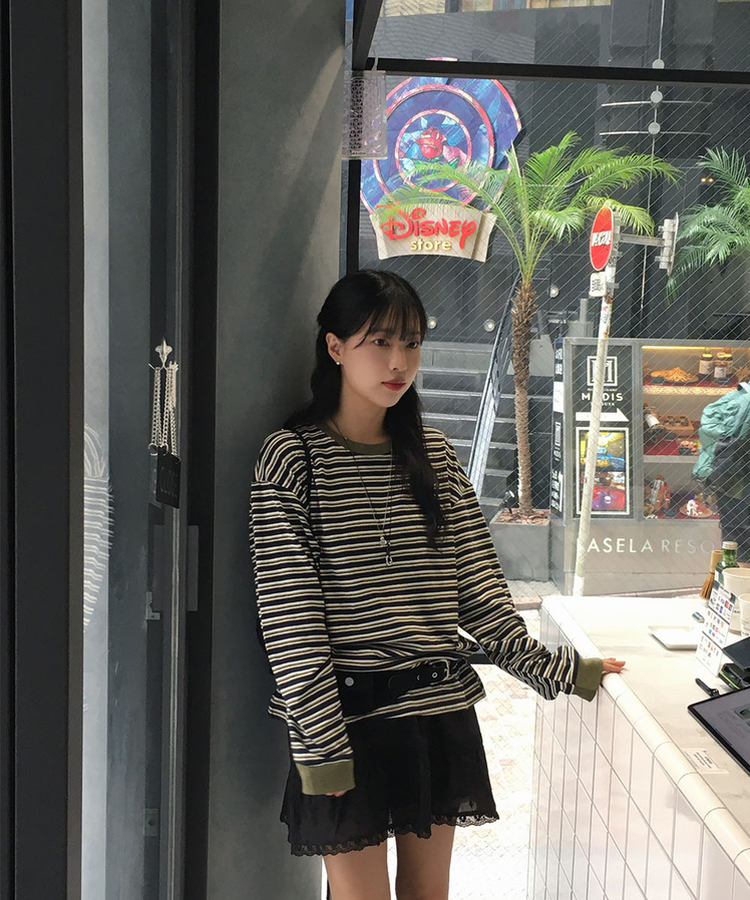 ストライプ長袖Tシャツ OLIVE