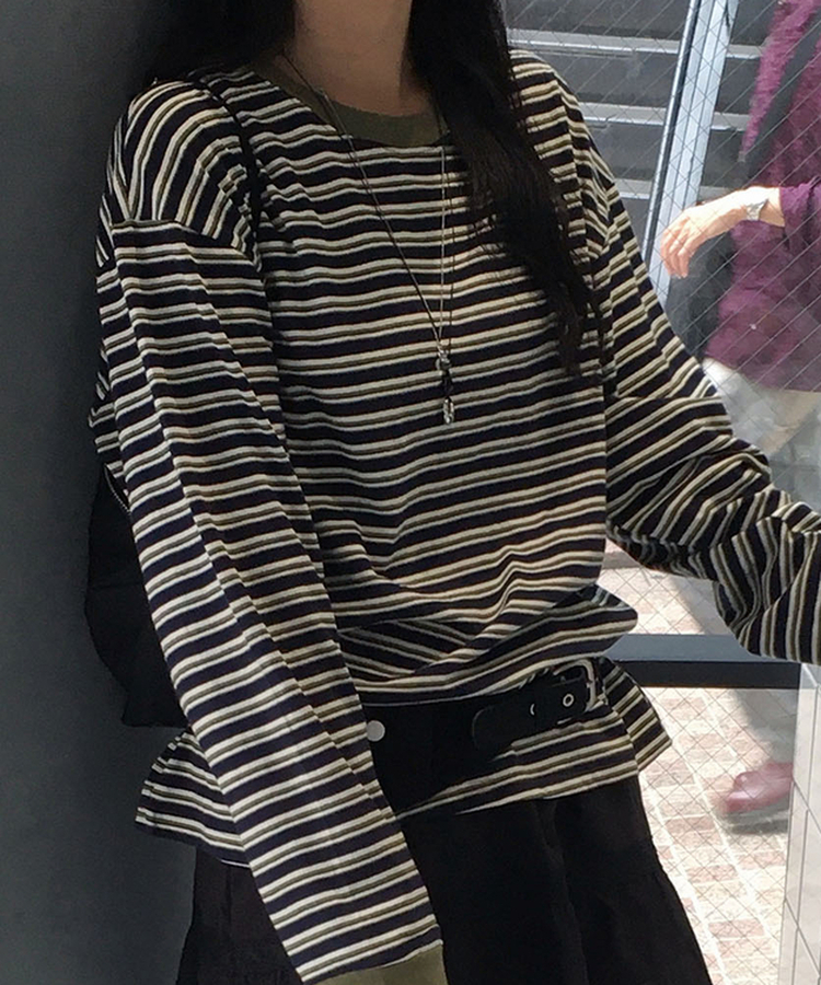 ストライプ長袖Tシャツ OLIVE