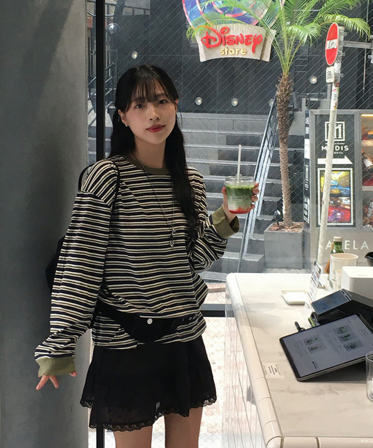 ストライプ長袖Tシャツ OLIVE