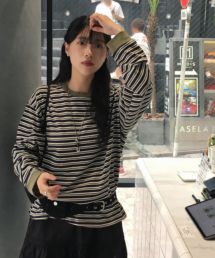 ストライプ長袖Tシャツ OLIVE