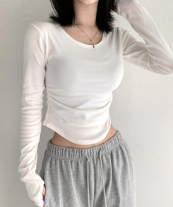 サイドシャーリングラウンド長袖Tシャツ(6color) IVORY