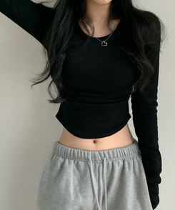 サイドシャーリングラウンド長袖Tシャツ(6color) BLACK