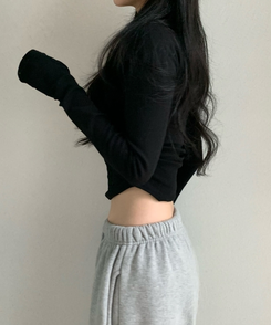 サイドシャーリングラウンド長袖Tシャツ(6color) BLACK