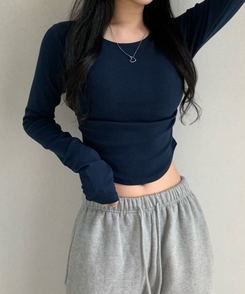 サイドシャーリングラウンド長袖Tシャツ(6color) NAVY