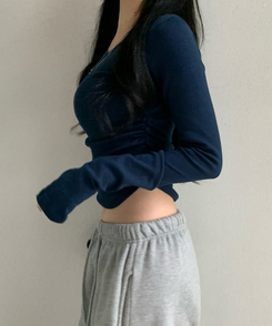 サイドシャーリングラウンド長袖Tシャツ(6color) NAVY