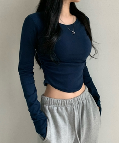 サイドシャーリングラウンド長袖Tシャツ(6color) NAVY