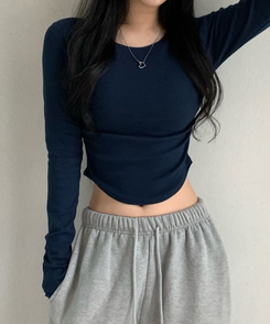 サイドシャーリングラウンド長袖Tシャツ(6color) NAVY