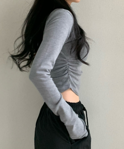 サイドシャーリングラウンド長袖Tシャツ(6color) CHARCOAL